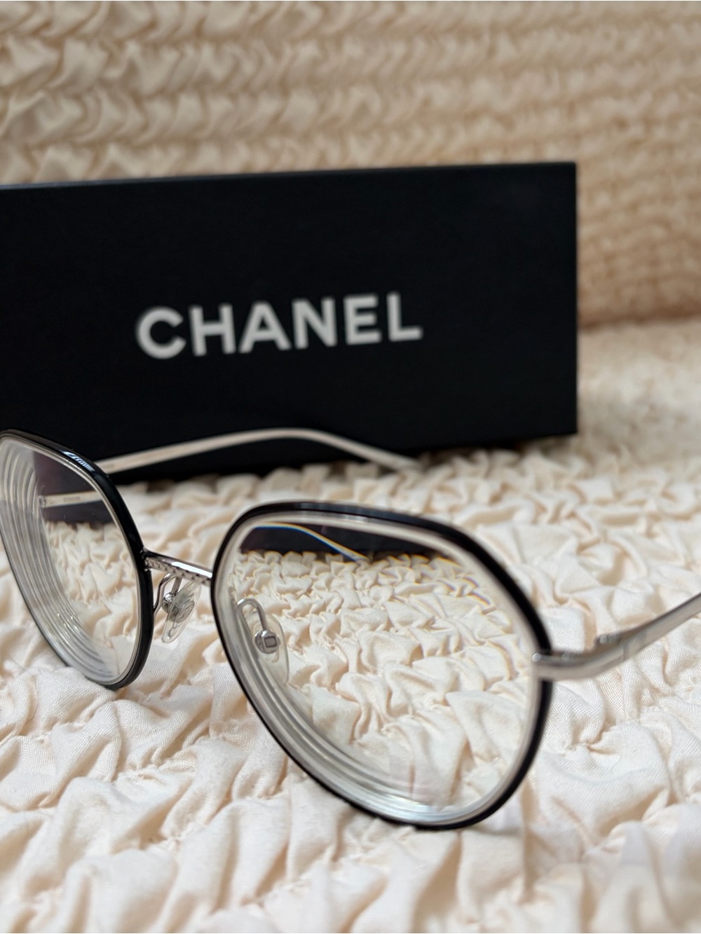 CHANEL Black and Silver Round Optical Glasses